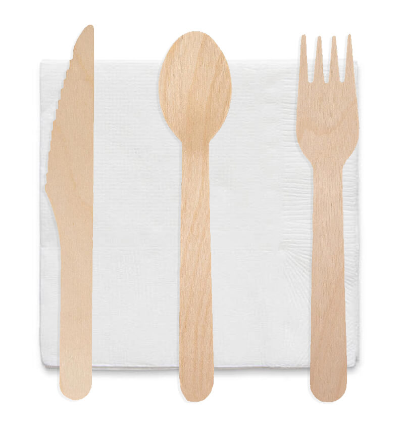 4 In 1 Wrapped Wooden Cutlery Pack Including Knife Fork Spoon Napkin 250 Pack