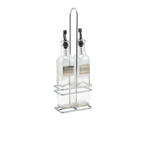 Square Glass Oil And Vinegar With Chrome Stand